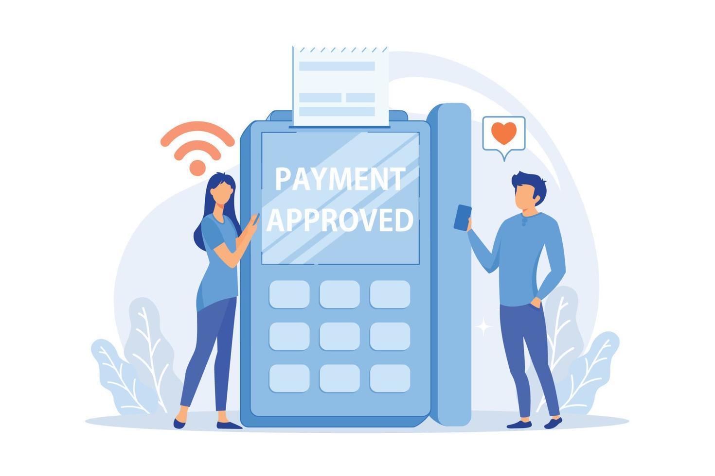 Businesswoman making contactless payment through mobile phone. NFC connection, NFC communication stand vector illustration