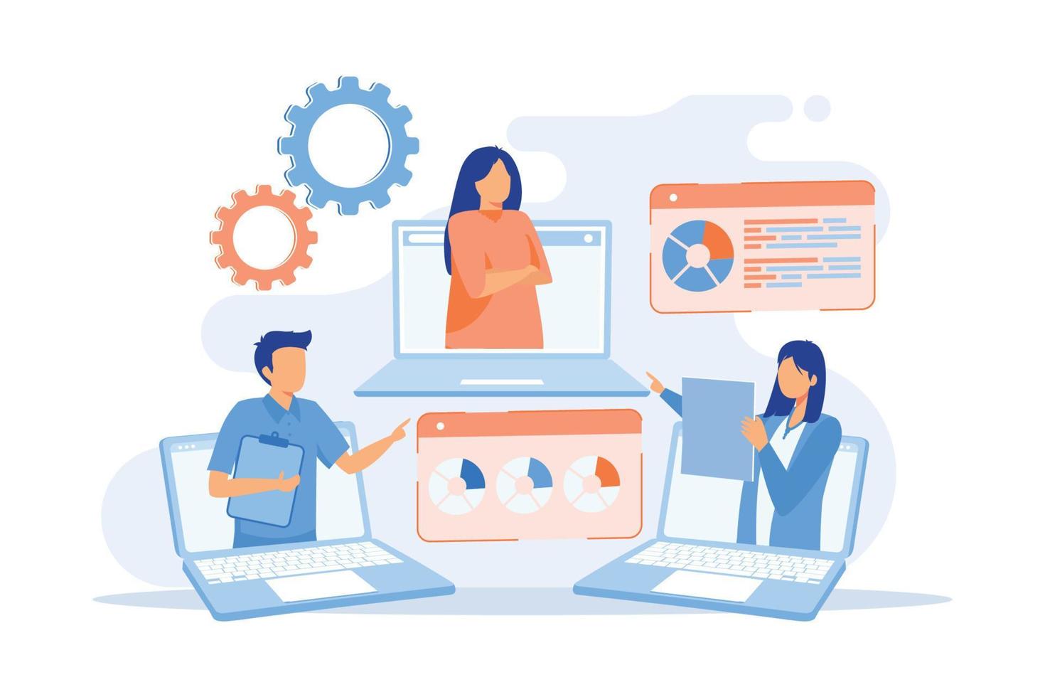 International business partners video conference. Web corporate meeting, webinar, online communication. Modern technologies, video chat. Vector illustration