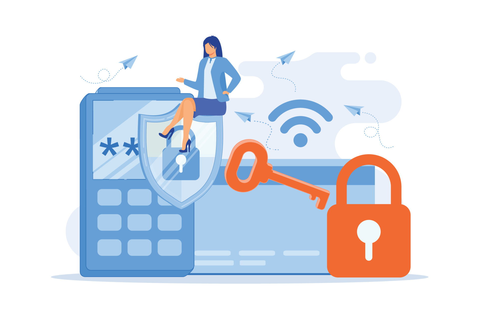 Access control card with key and lock and woman with protection shield