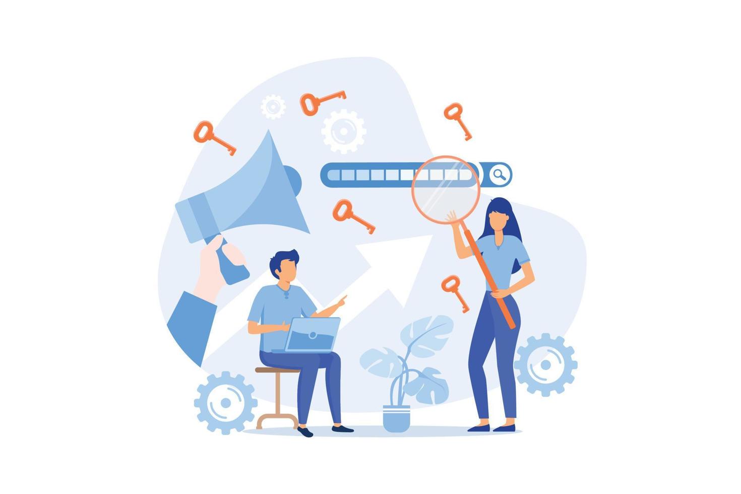 Keyword research service, website ranking, optimization solution, successful web campaign, professional SEO, menu element flat design modern illustration vector