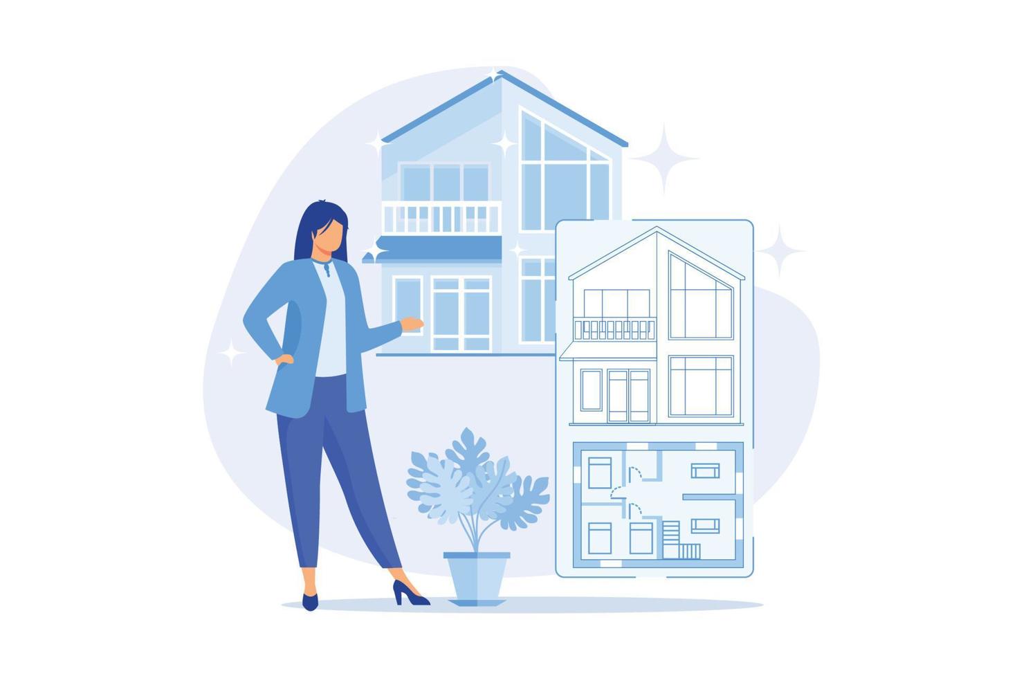 Real estate floor plan online services, real estate marketing, house listing, interactive property layout, virtual staging flat design modern illustration vector