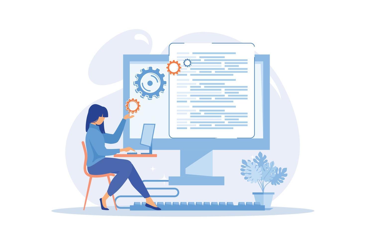 Back end development Software development process, computer application, program code, programming language. Writing API and interface code flat design modern illustration vector