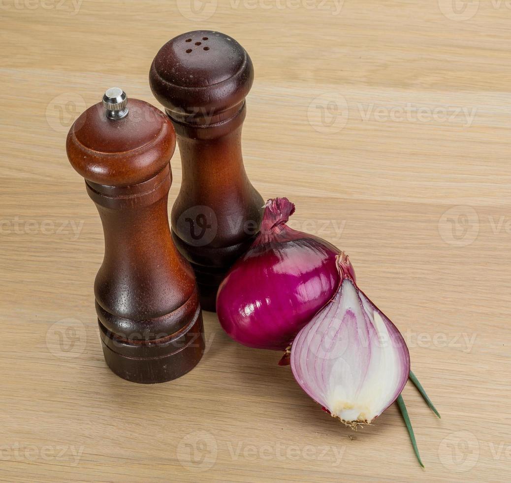 Red onion and pepper mill photo