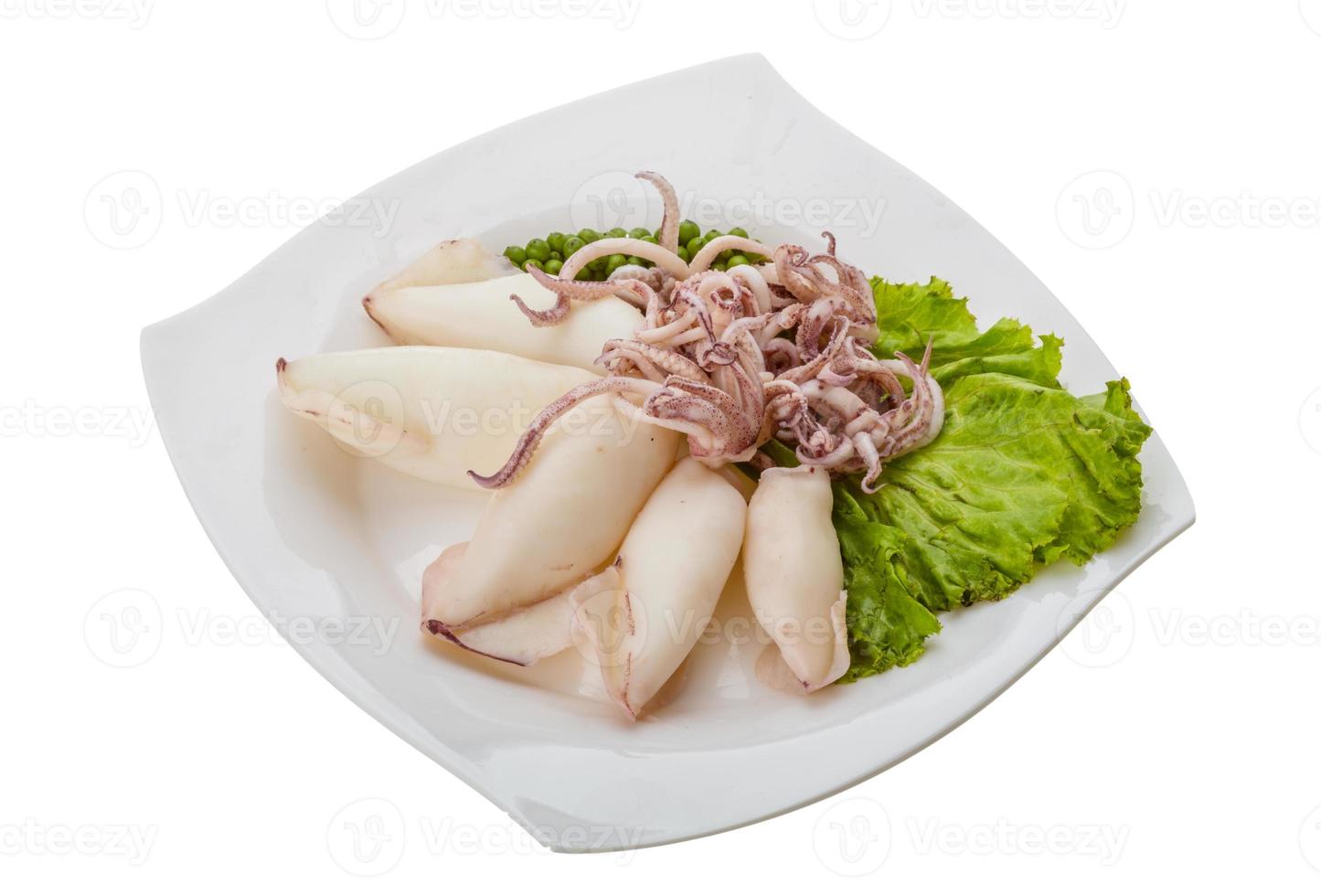 Boiled squid on the plate and white background photo