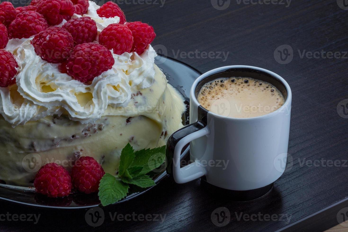 Coffee with raspberry cake photo