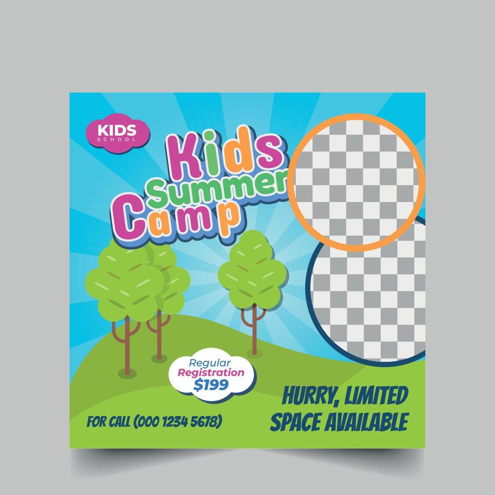 campamento de verano para niños diseño de publicaciones en redes sociales. plantilla de diseño de banner web de camping para niños modernos. vector