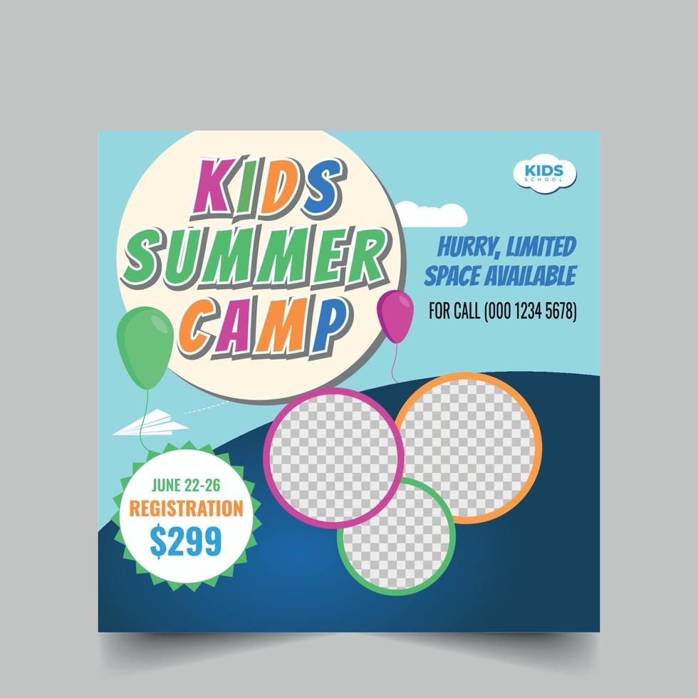 Kids Summer Camp Social Media Post Design. Modern Kid's Camping Web Banner Design Template. vector