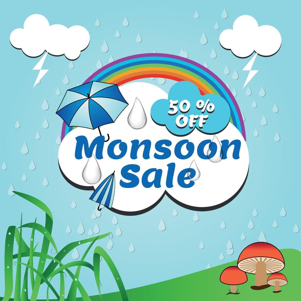 Monsoon Season Sale With A Special Offer With A Heavy Discount. Use Coupon Code And Get A Discount. Monsoon Sale Social Media Post, Sale Banner Poster, Emblem, Badges Etc. With Minimal Design. vector