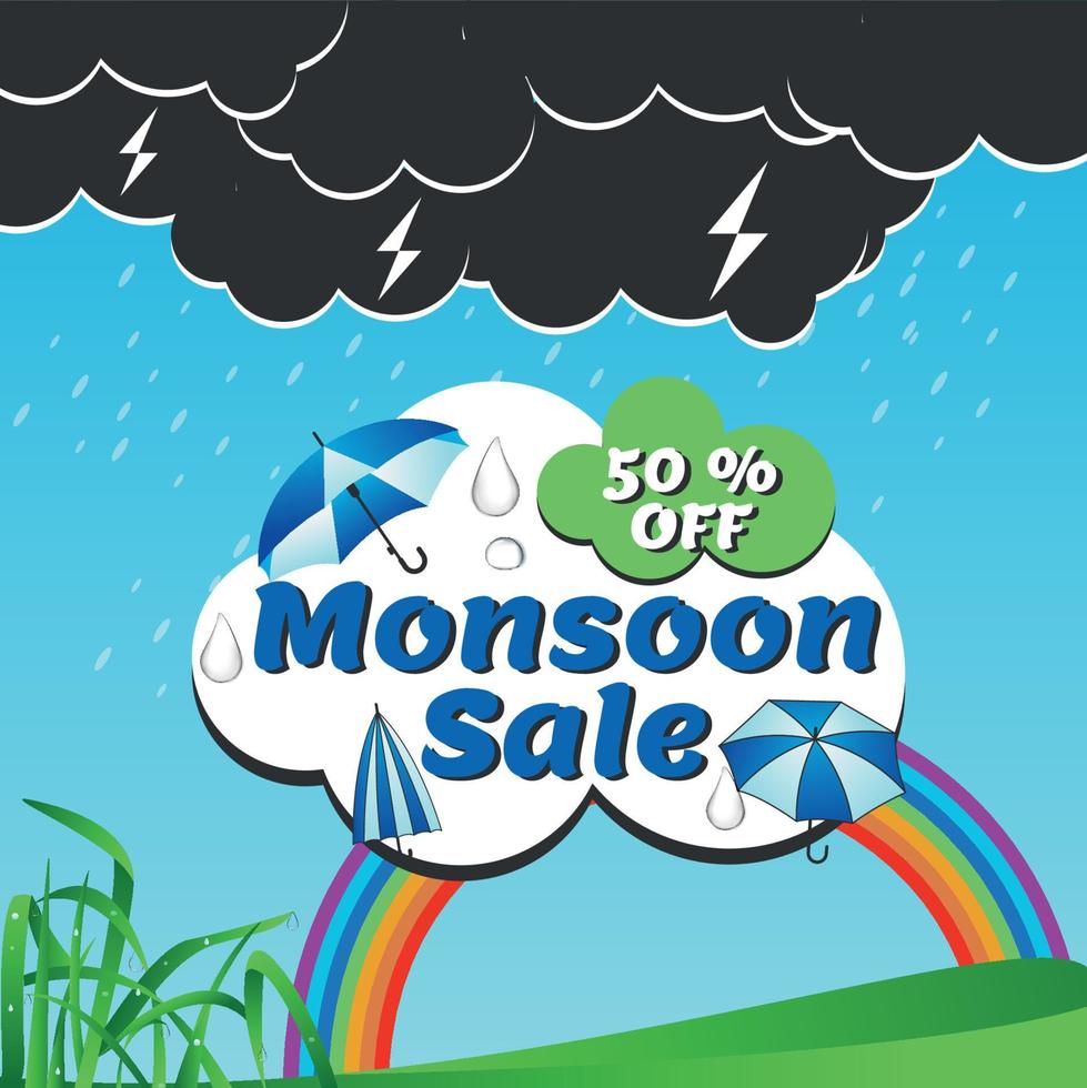 Monsoon Season Sale With A Special Offer With A Heavy Discount. Use Coupon Code And Get A Discount. Monsoon Sale Social Media Post, Sale Banner Poster, Emblem, Badges Etc. With Minimal Design. vector