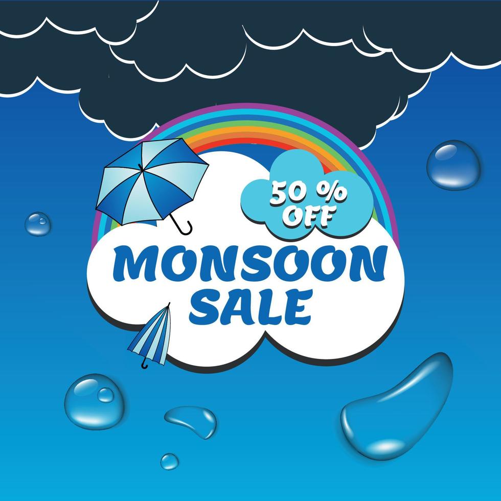 Monsoon Season Sale With A Special Offer With A Heavy Discount. Use Coupon Code And Get A Discount. Monsoon Sale Social Media Post, Sale Banner Poster, Emblem, Badges Etc. With Minimal Design. vector