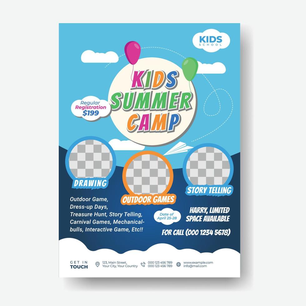 Kids summer camp poster design template flyer. Vector illustration