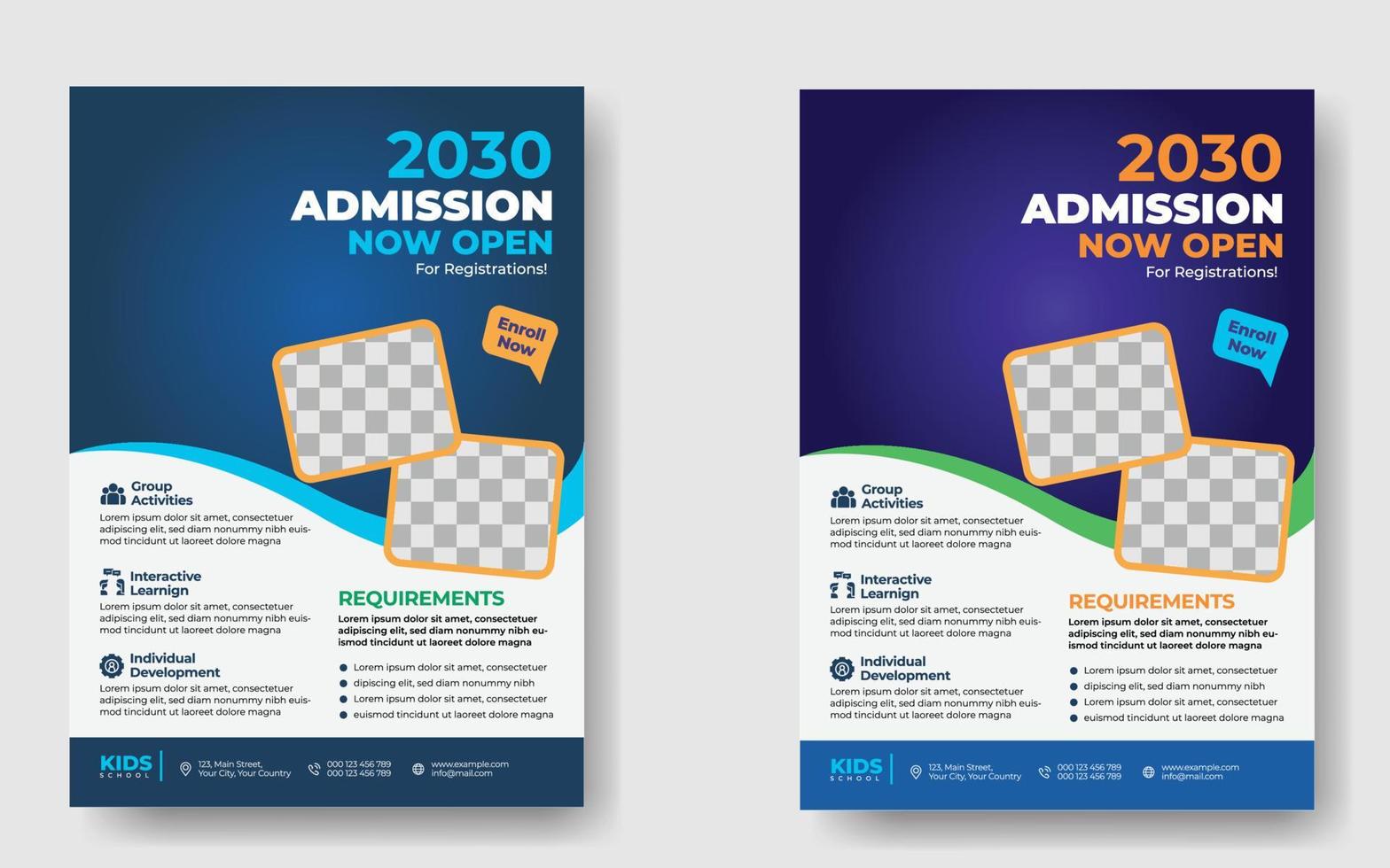 Admisión junior para diseño de plantilla de volante de educación escolar para niños. Diseño de posters. conjunto de diseño de volante de regreso a la escuela. folleto de admisión de regreso a la escuela. vector