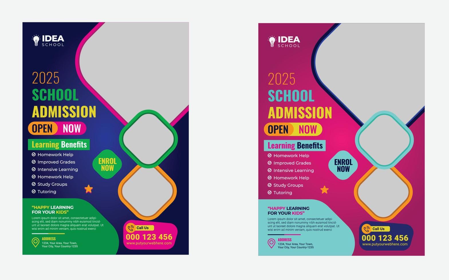 colorido diseño de plantilla de volante de admisión a la escuela. diseño de la escuela infantil para afiches y pancartas. plantilla de vector de volante de educación.