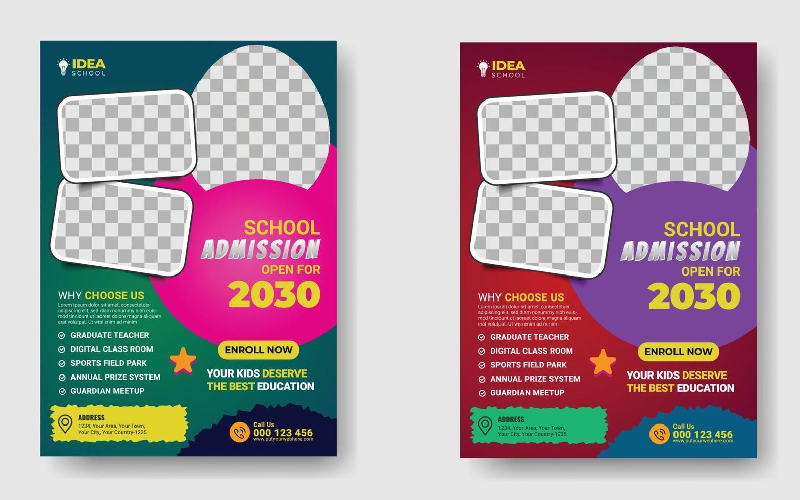 colorido diseño de plantilla de volante de admisión a la escuela. diseño de la escuela infantil para afiches y pancartas. plantilla de vector de volante de educación.