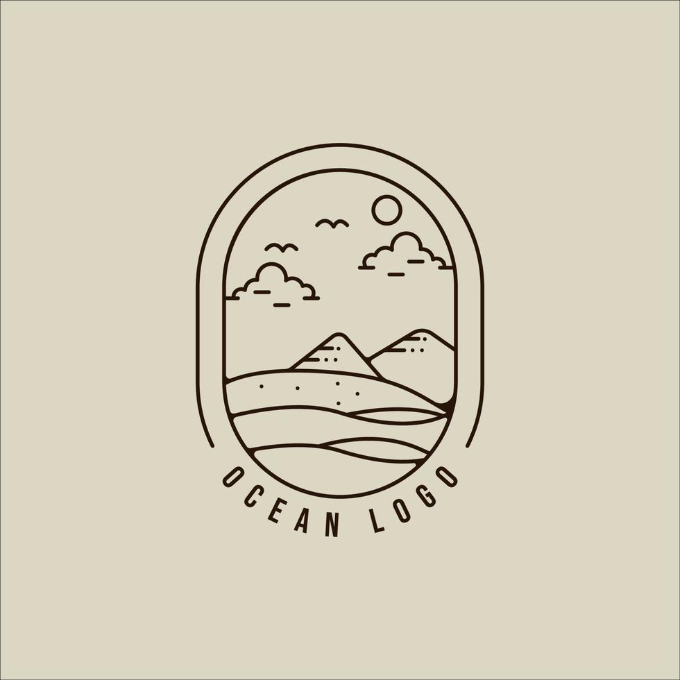 océano playa logo línea arte vector simple minimalista ilustración plantilla icono diseño gráfico. montaña en el signo o símbolo de la isla para la compañía de viajes con placa y tipografía