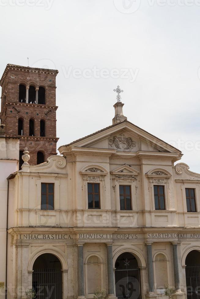 Rome, Italy. Tiber Island Isola Tibertina view of Basilica of St. Bartholomew on the Island. Ripa district. photo