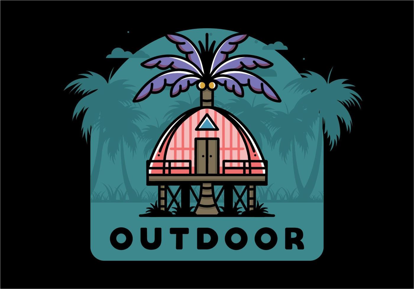 Wooden house with big coconut tree badge design vector