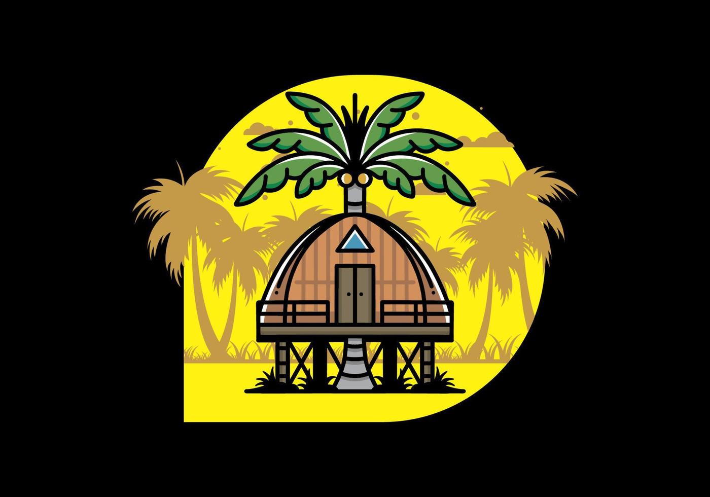 Wooden house with big coconut tree badge design vector