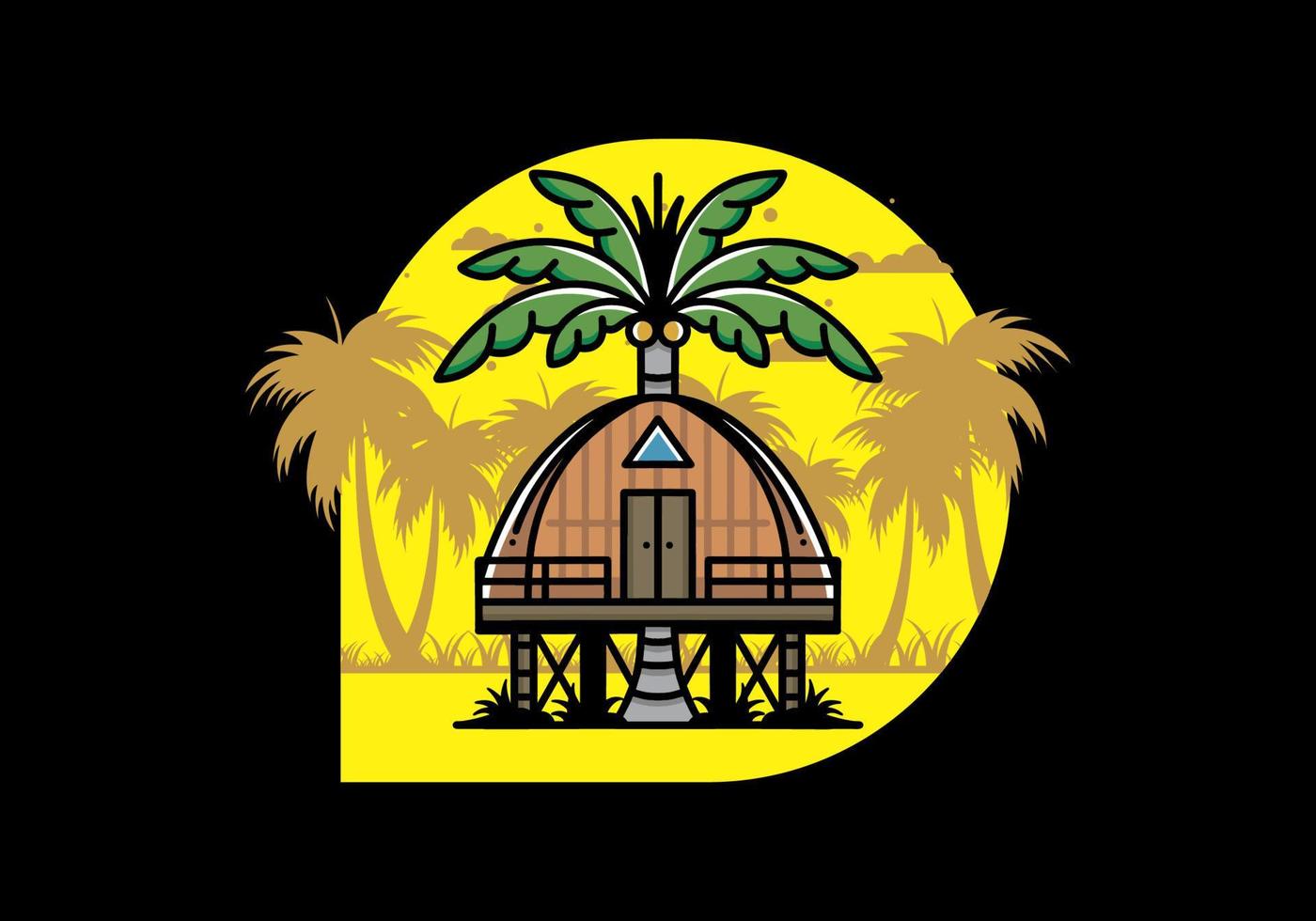 casa de madera con un gran diseño de insignia de árbol de coco vector