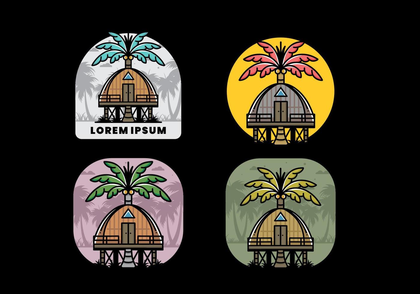 Wooden house with big coconut tree badge design vector