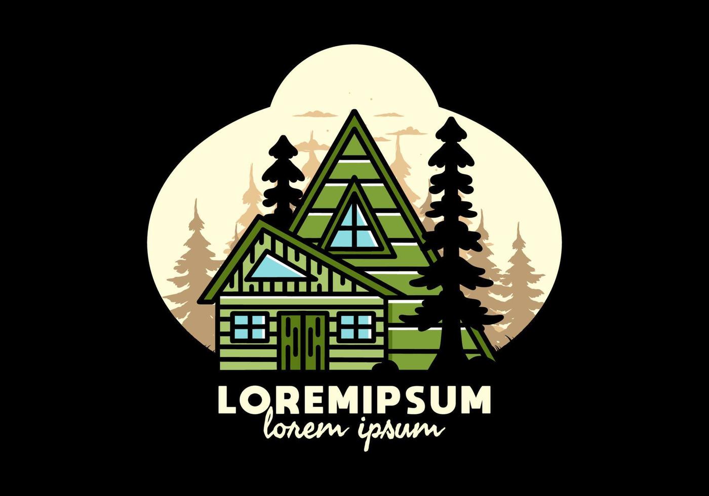 Aesthetic wood house between two pine tree illustration badge design vector
