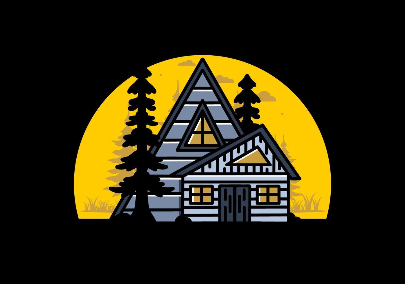 Aesthetic wood house between two pine tree illustration badge design vector