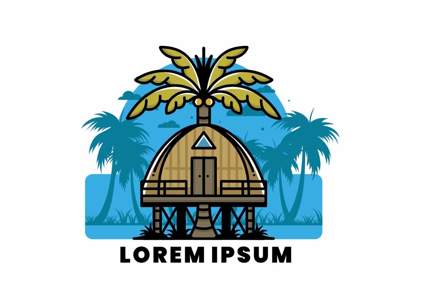 Wooden house with big coconut tree badge design vector