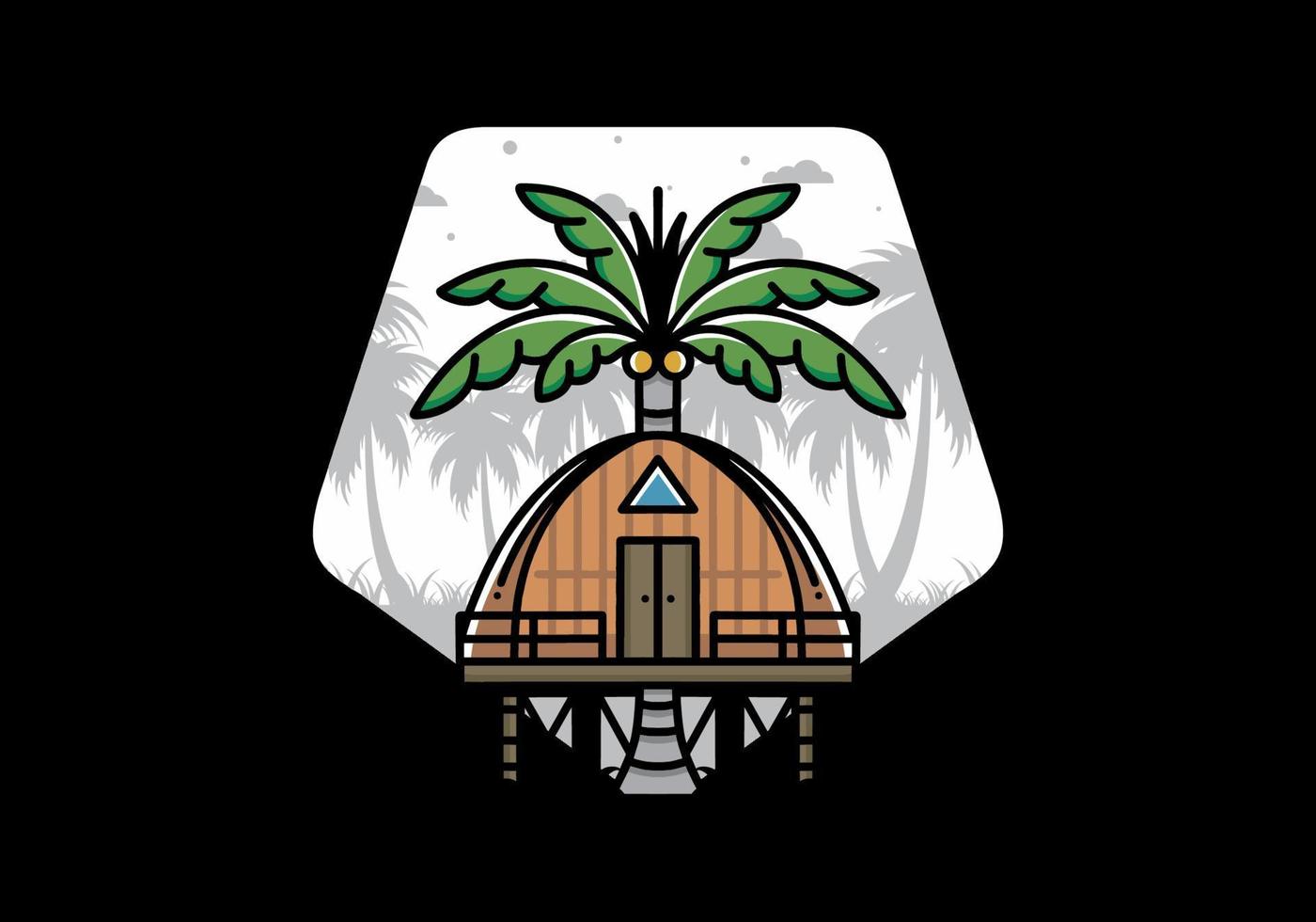 Wooden house with big coconut tree badge design vector