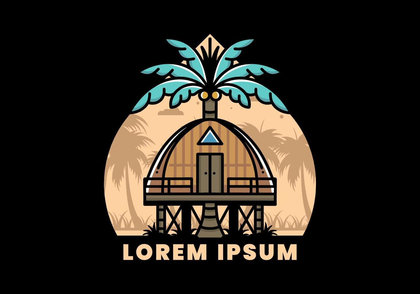 Wooden house with big coconut tree badge design vector