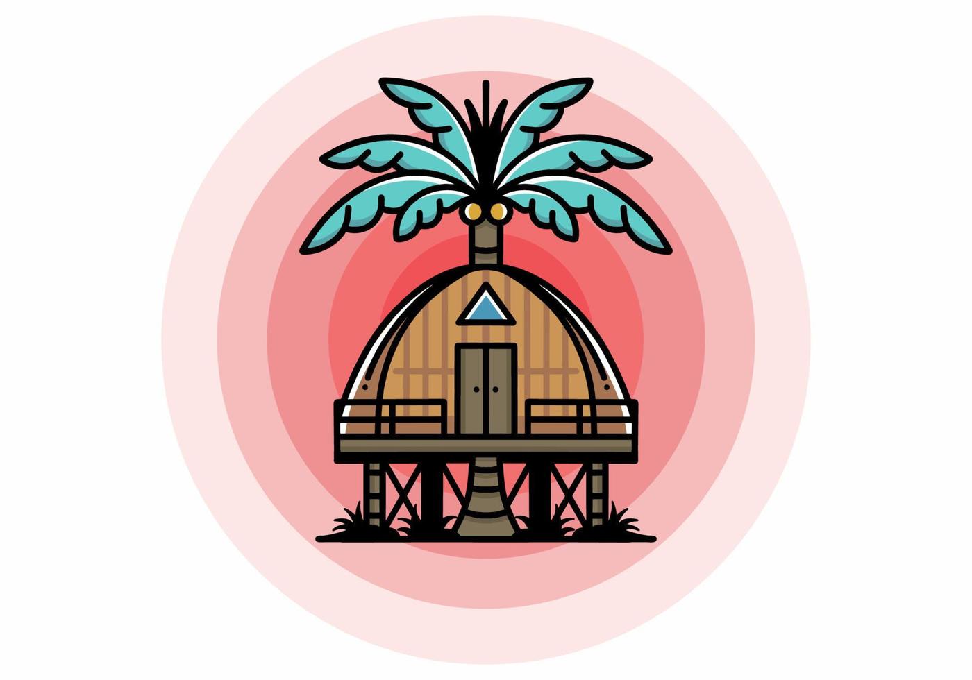 Wooden house with big coconut tree badge design vector