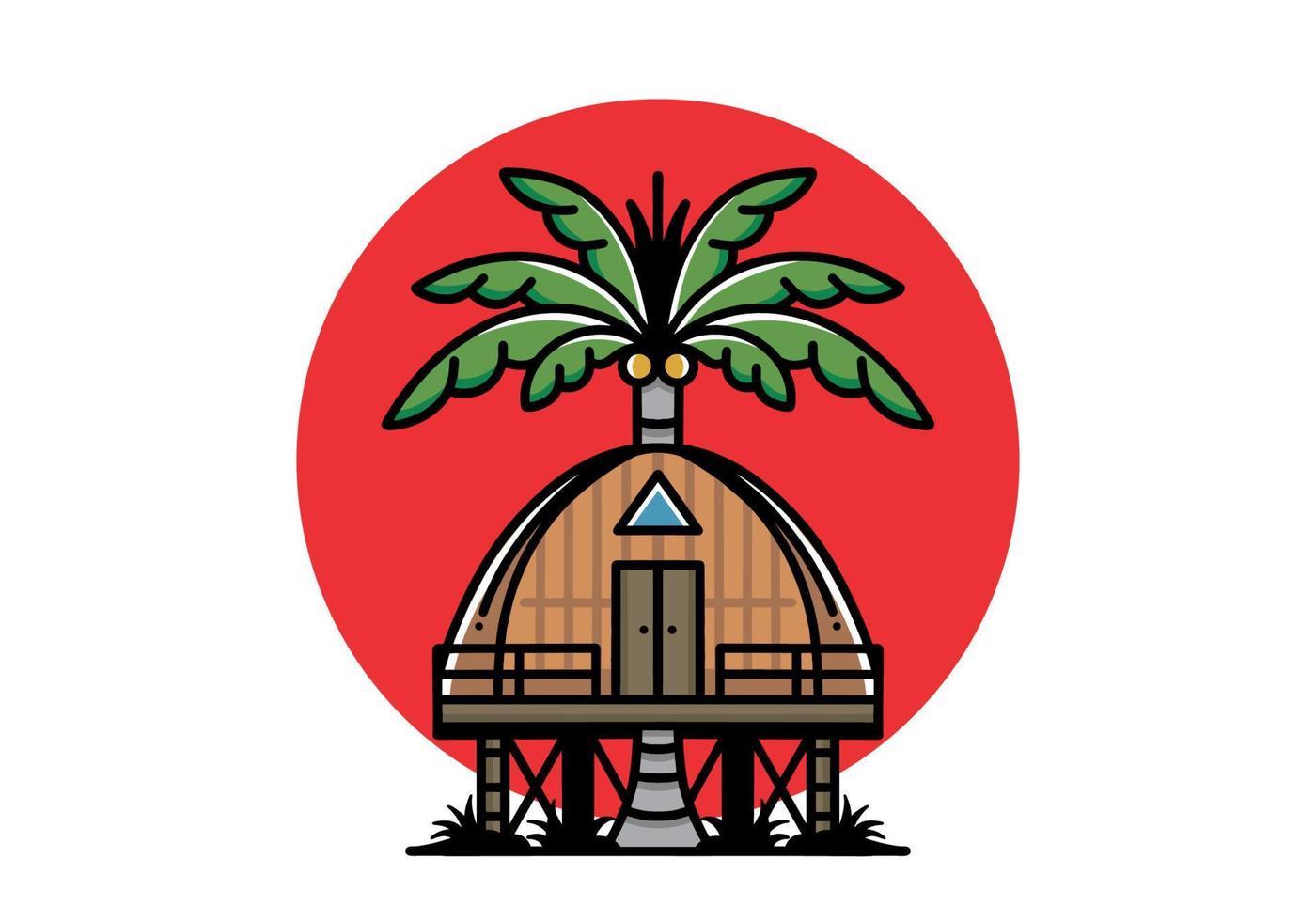 Wooden house with big coconut tree badge design vector