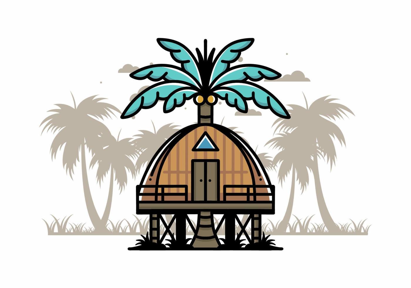 Wooden house with big coconut tree badge design vector