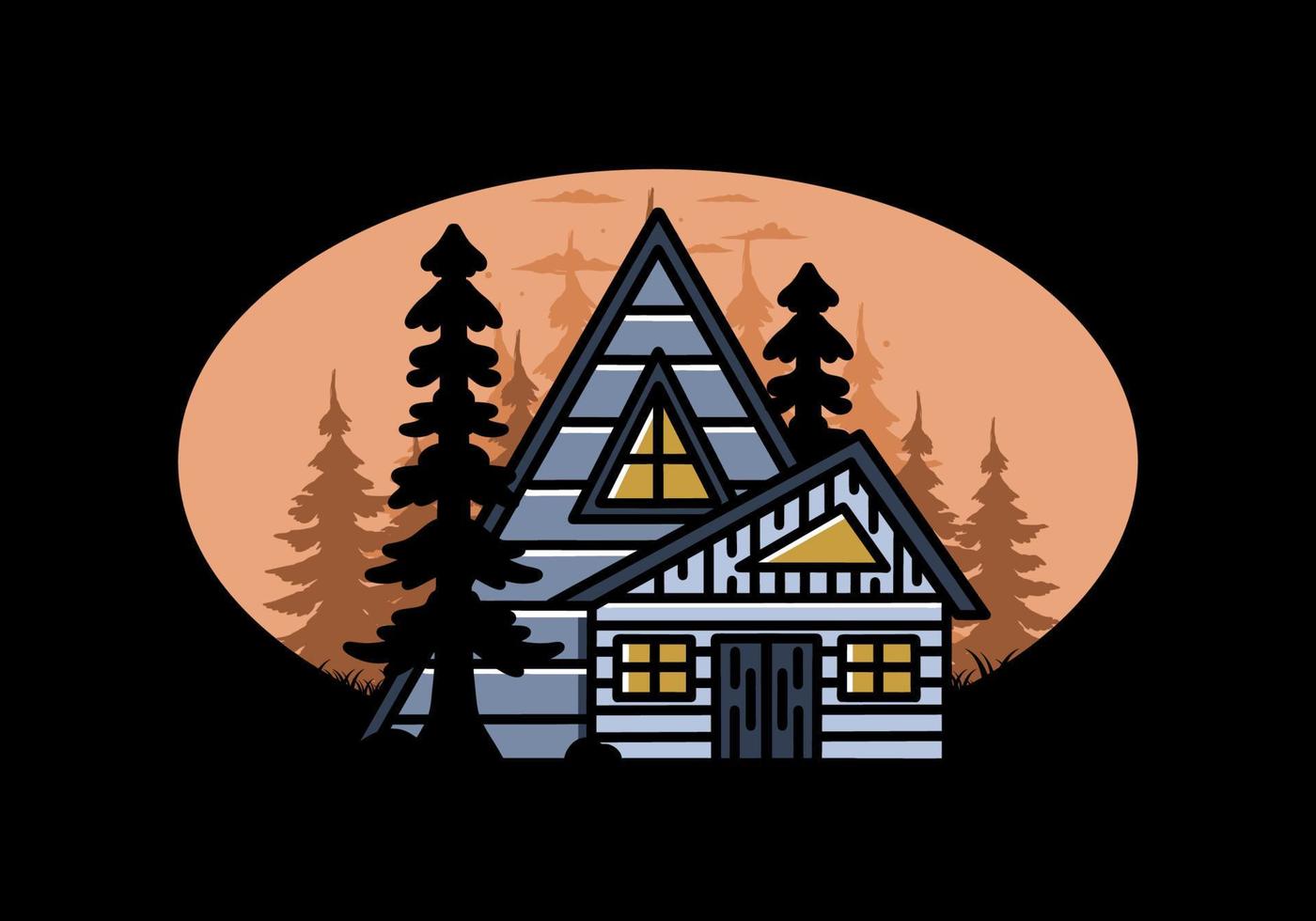 Aesthetic wood house between two pine tree illustration badge design vector
