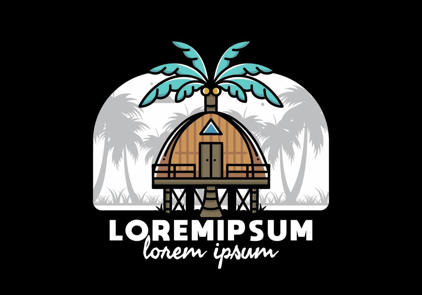 Wooden house with big coconut tree badge design vector