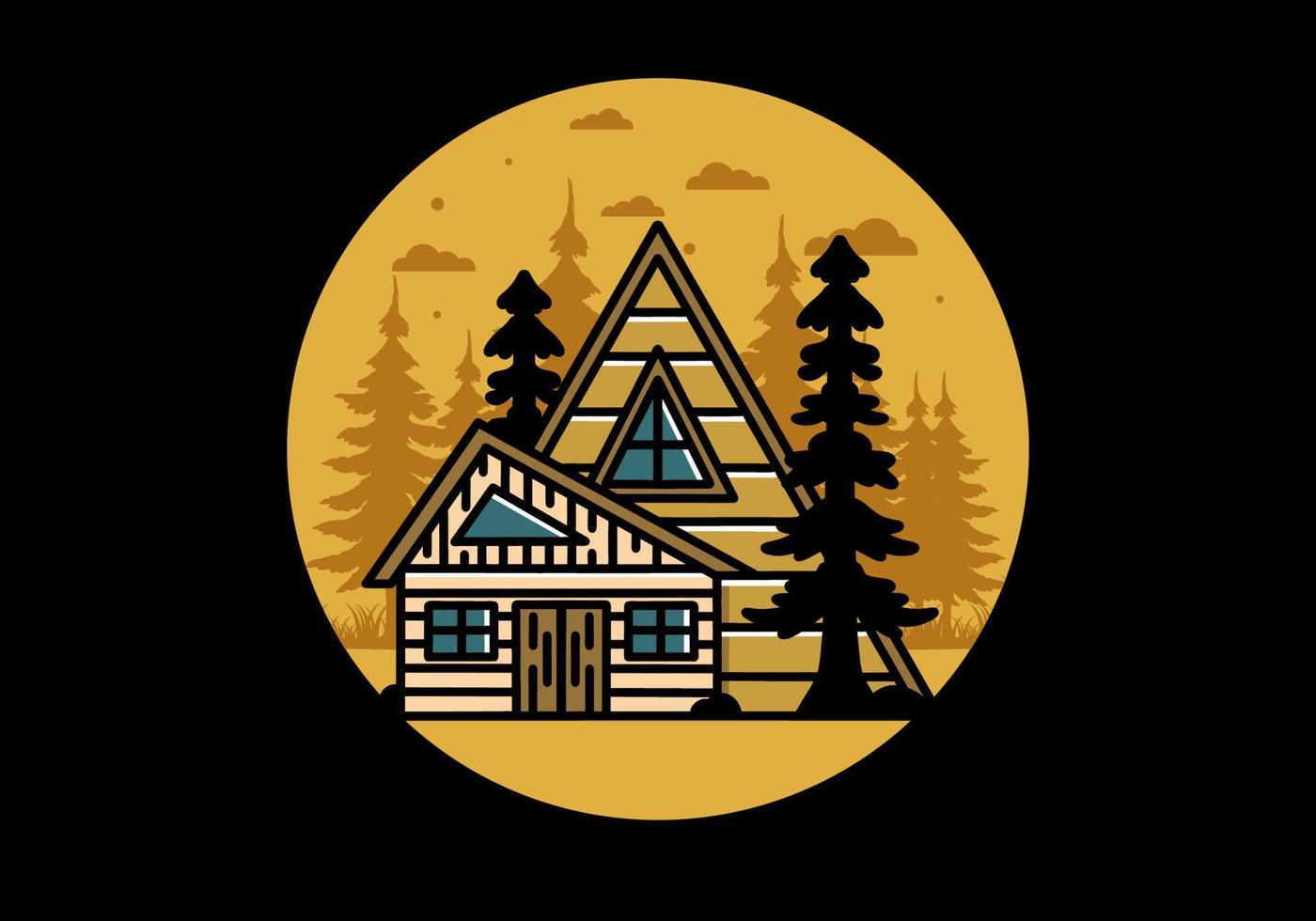 Aesthetic wood house between two pine tree illustration badge design vector