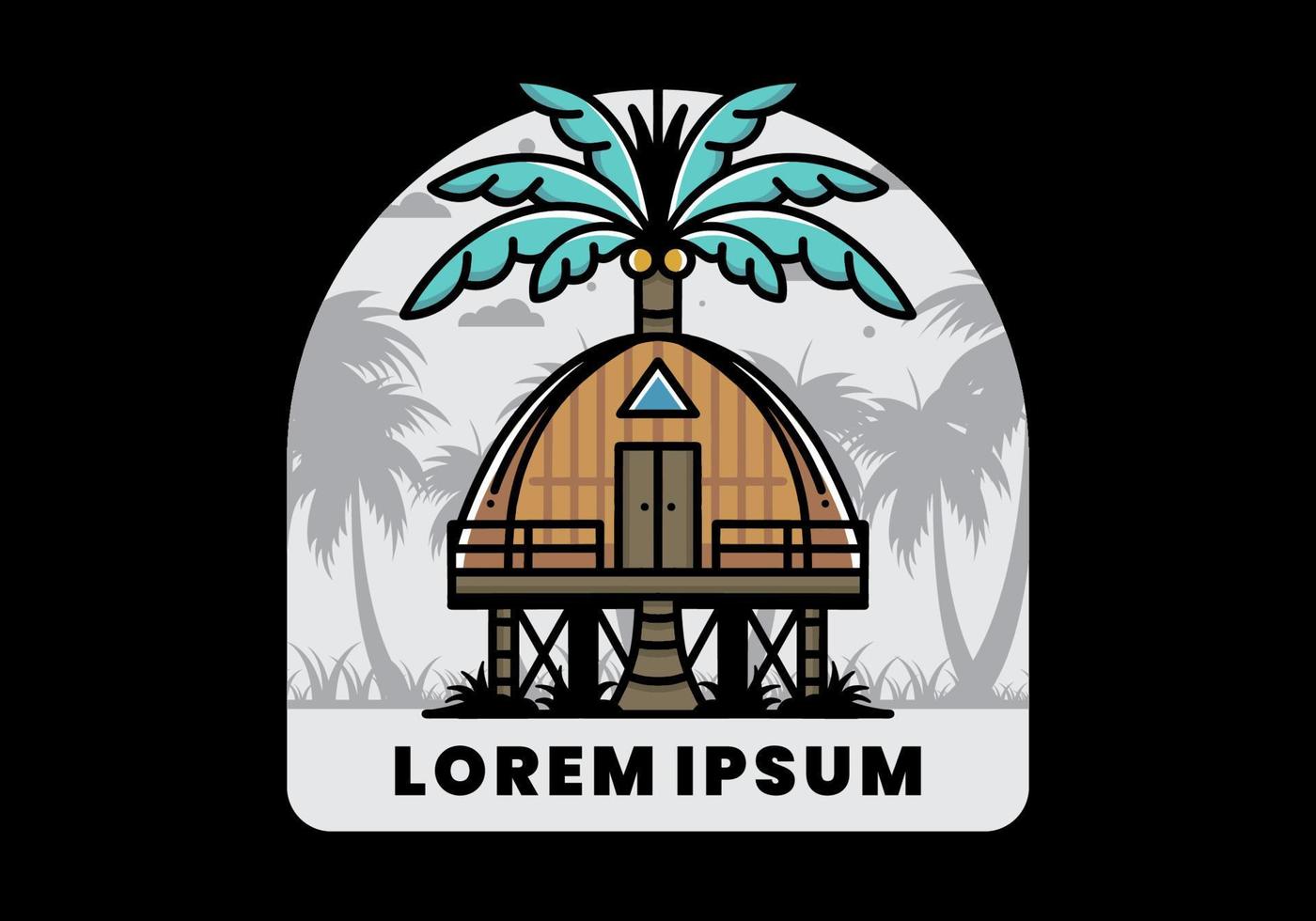 Wooden house with big coconut tree badge design vector