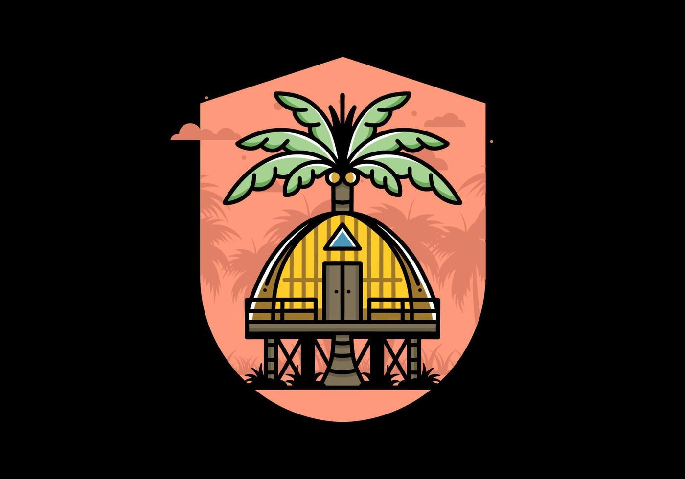 casa de madera con un gran diseño de insignia de árbol de coco vector