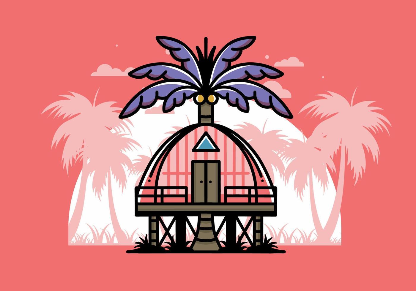 Wooden house with big coconut tree badge design vector