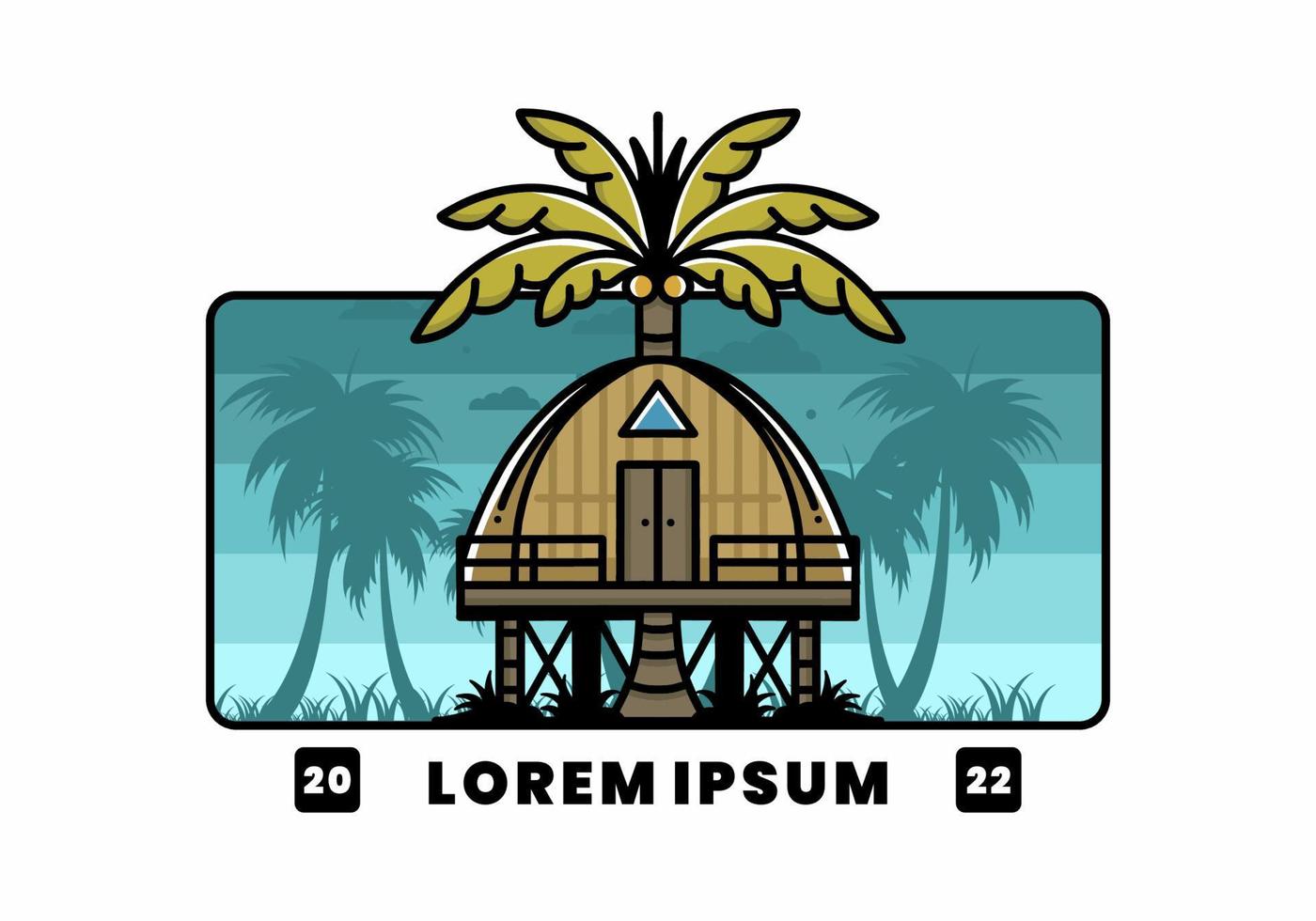 Wooden house with big coconut tree badge design vector