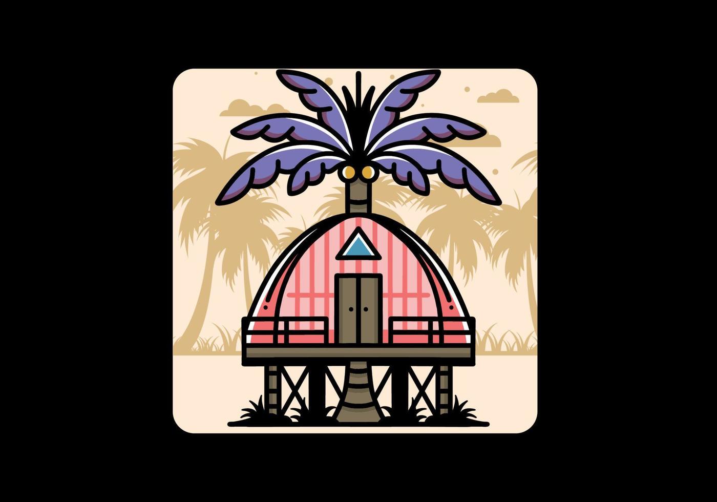 Wooden house with big coconut tree badge design vector