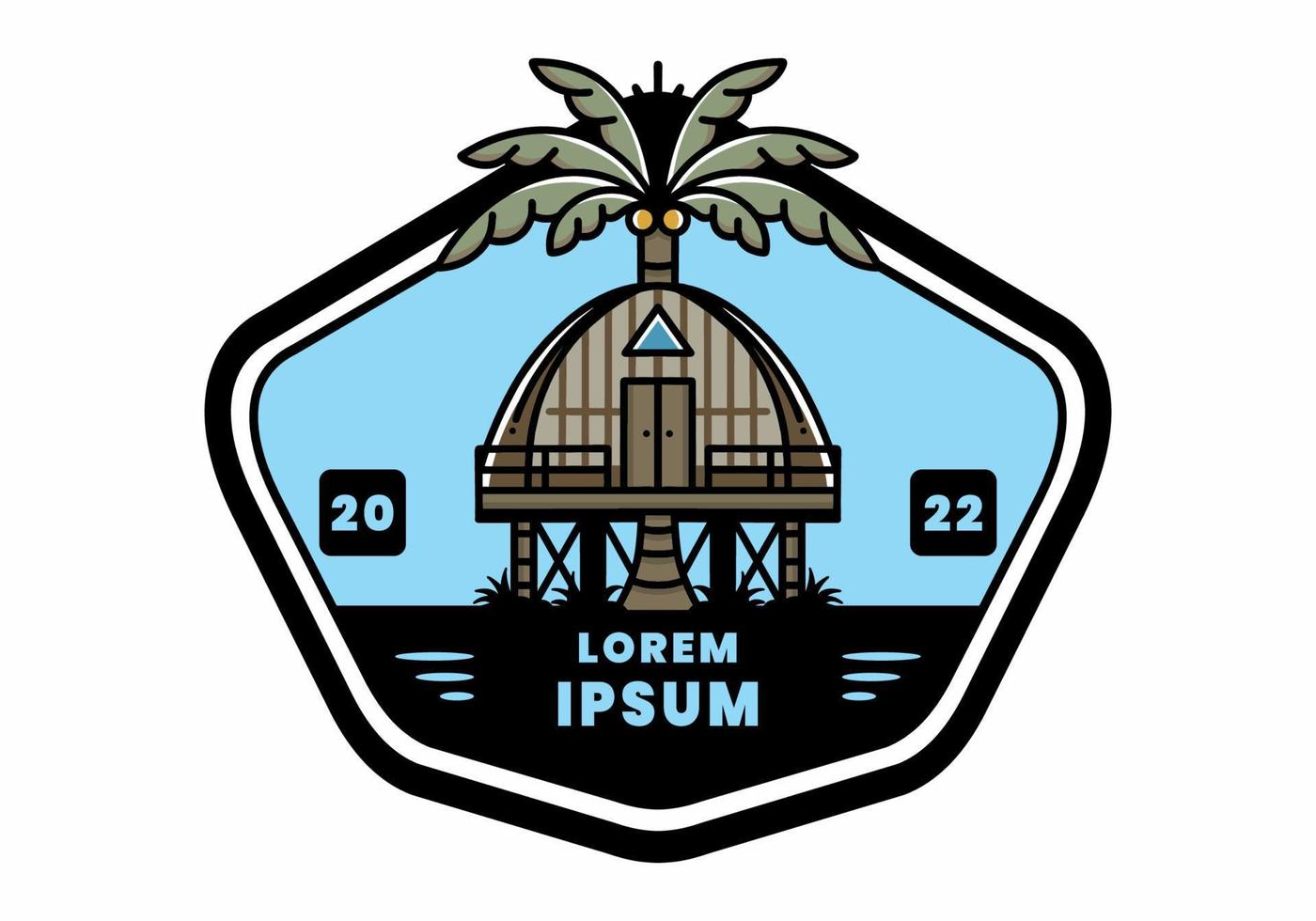 Wooden house with big coconut tree badge design vector