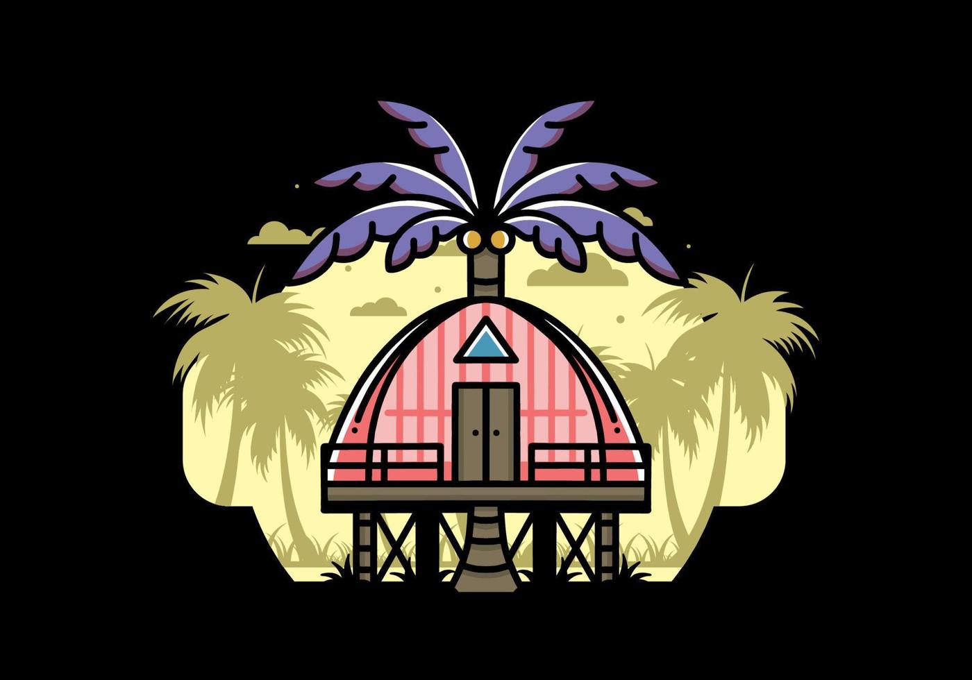 Wooden house with big coconut tree badge design vector