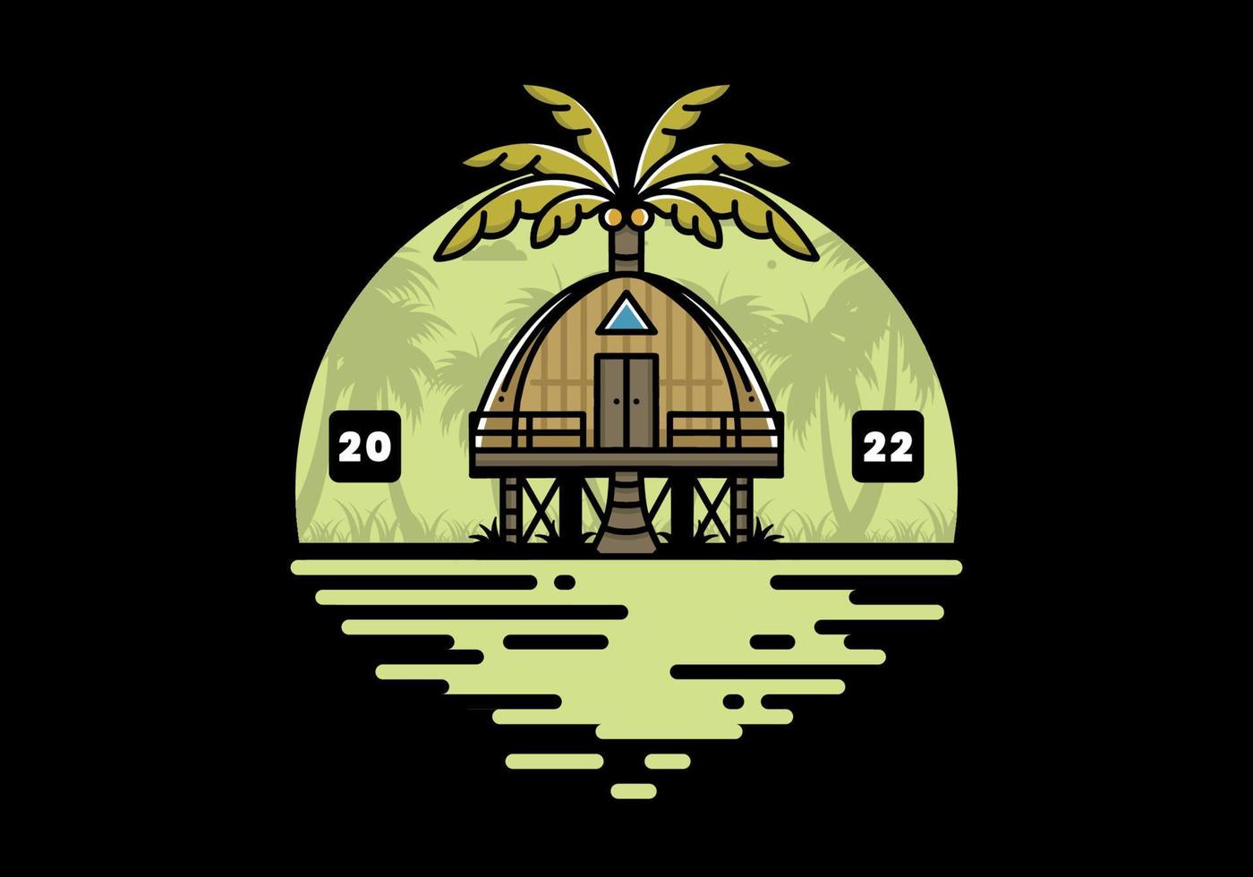 casa de madera con un gran diseño de insignia de árbol de coco vector