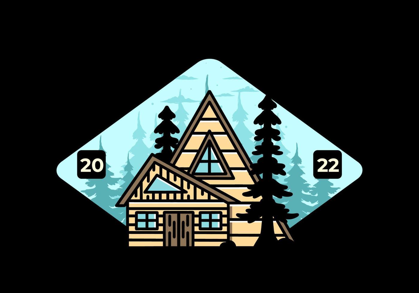 Aesthetic wood house between two pine tree illustration badge design vector