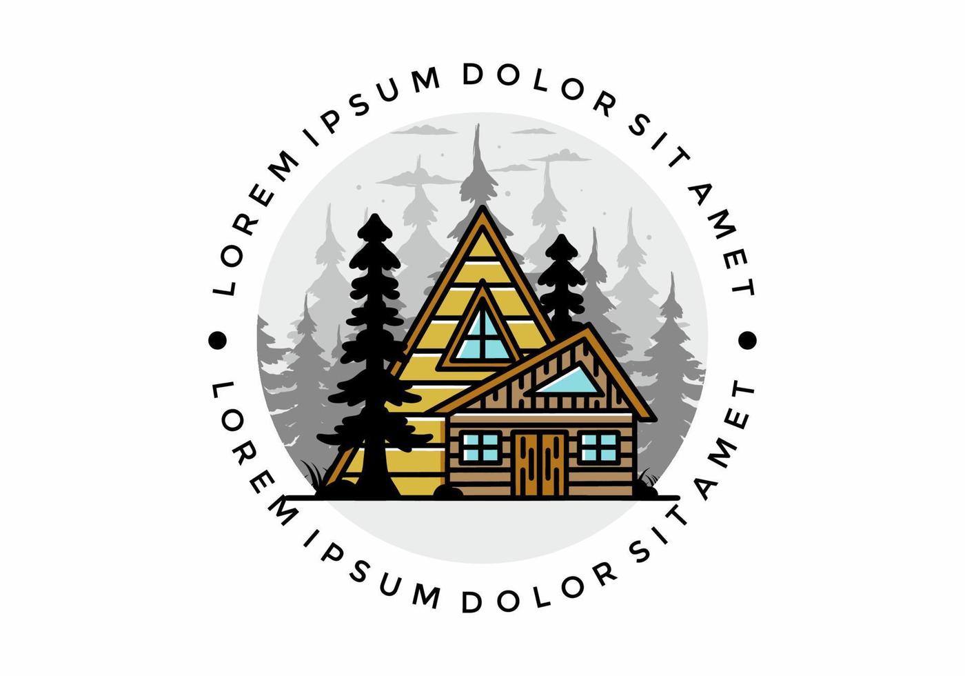 Aesthetic wood house between two pine tree illustration badge design vector
