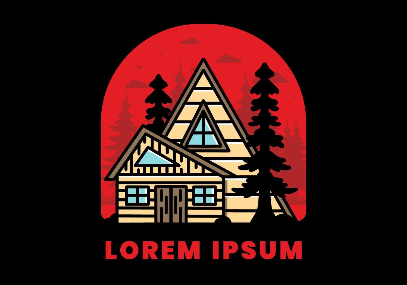 Aesthetic wood house between two pine tree illustration badge design vector