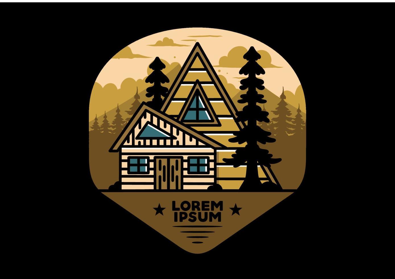 Aesthetic wood house between two pine tree illustration badge design vector