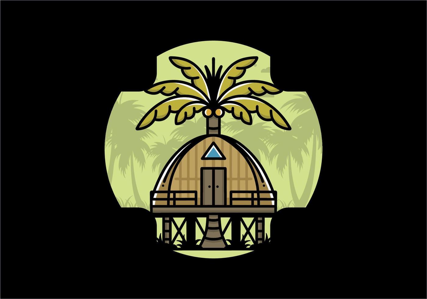 Wooden house with big coconut tree badge design vector