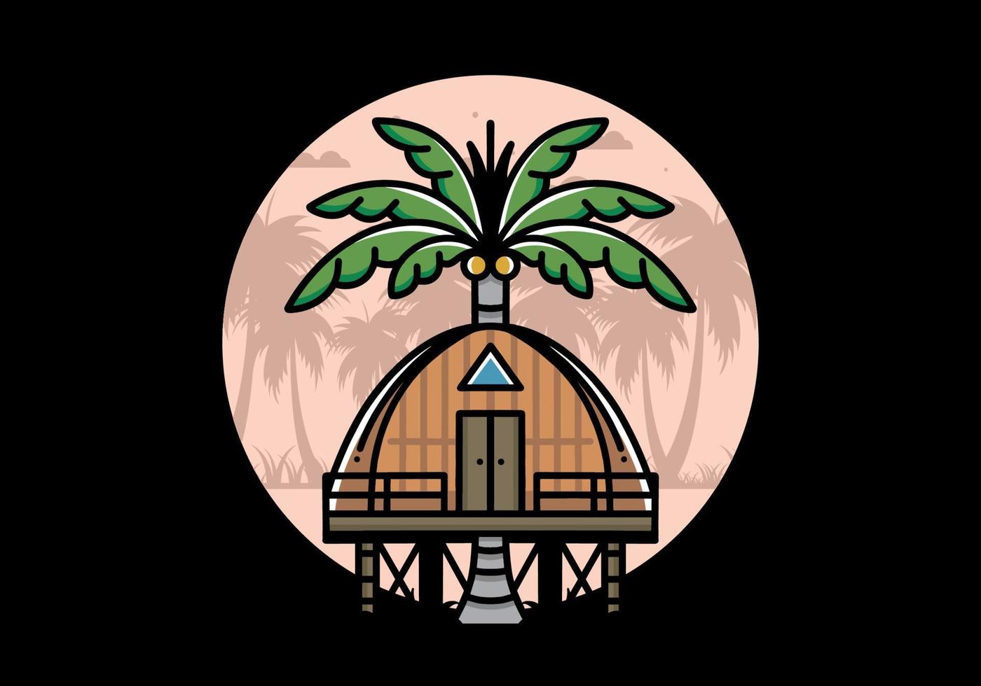 Wooden house with big coconut tree badge design vector