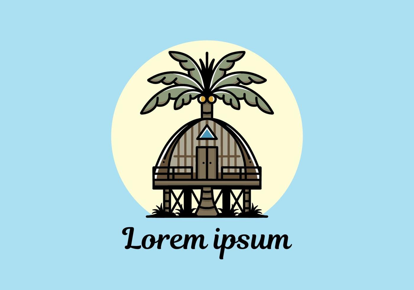 Wooden house with big coconut tree badge design vector